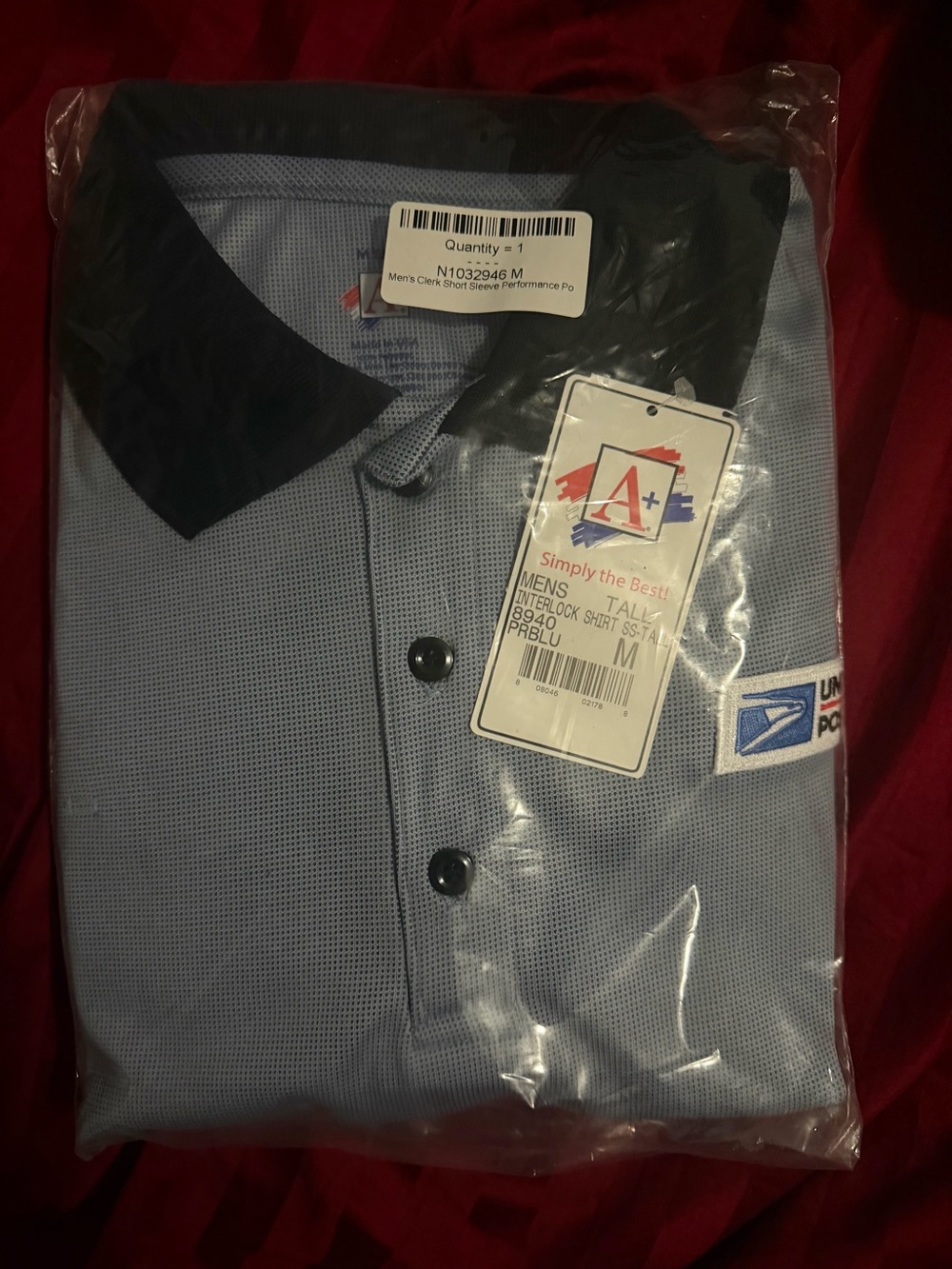 USPS Men's Short Sleeve Performance Polo - Light Blue with Black Collar
